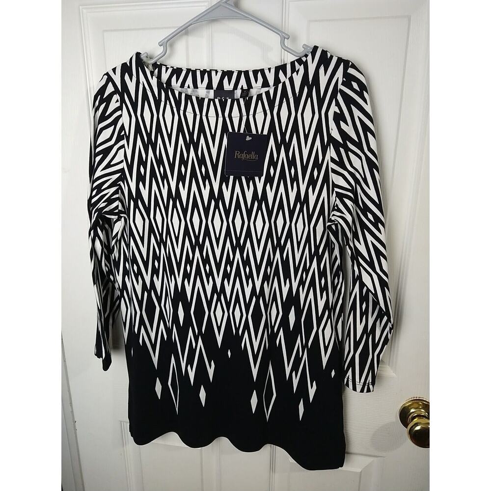 Rafaella Woman M Blouse Long Sleeve Black White Diamond Business Casual Pullover